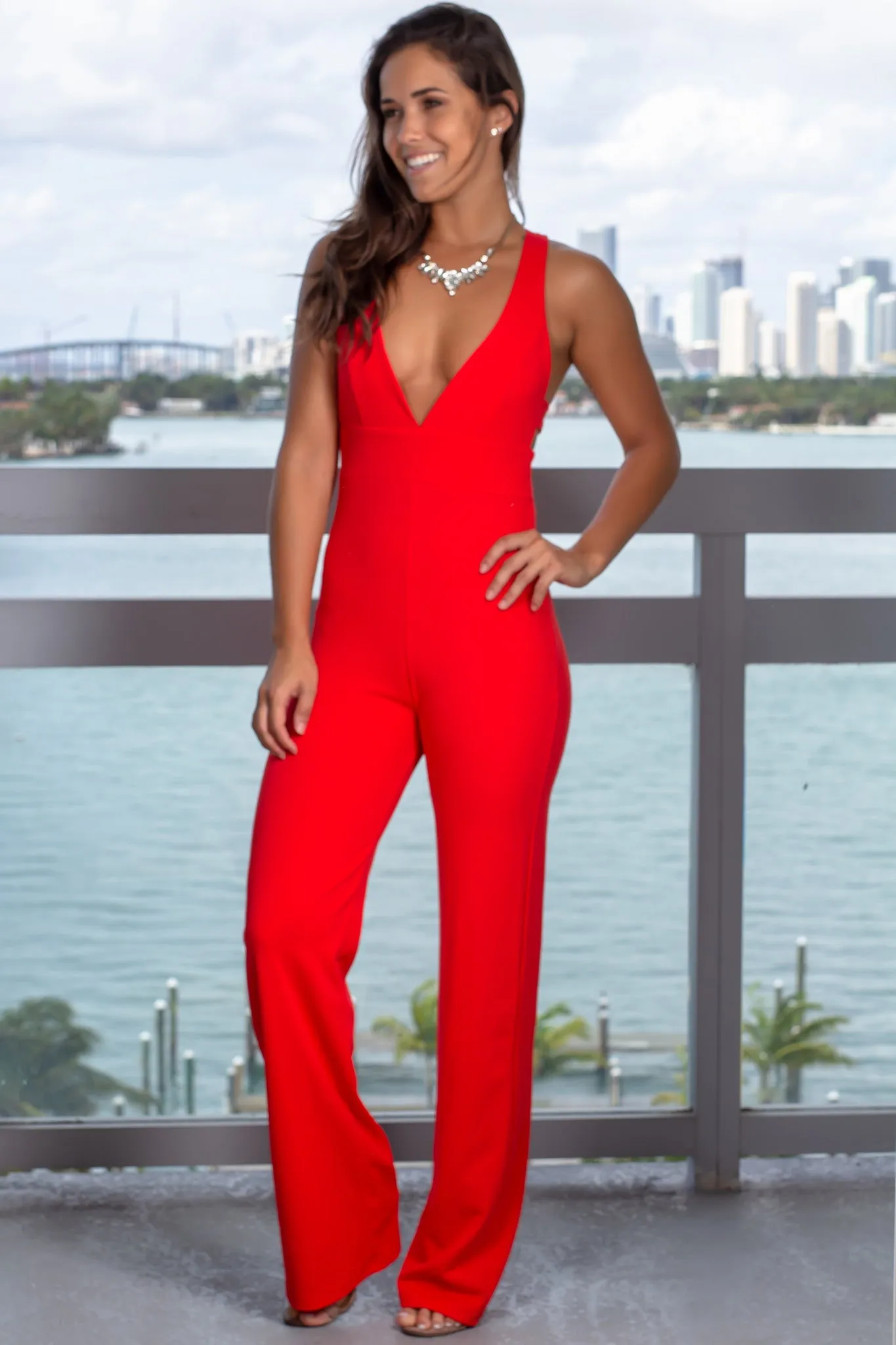 Coral Red V-Neck Jumpsuit