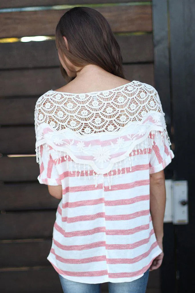 Coral Striped Top With Lace Detail