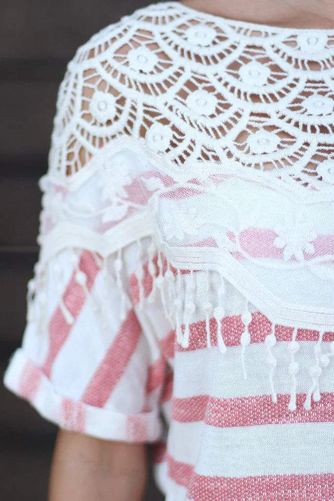 Coral Striped Top With Lace Detail