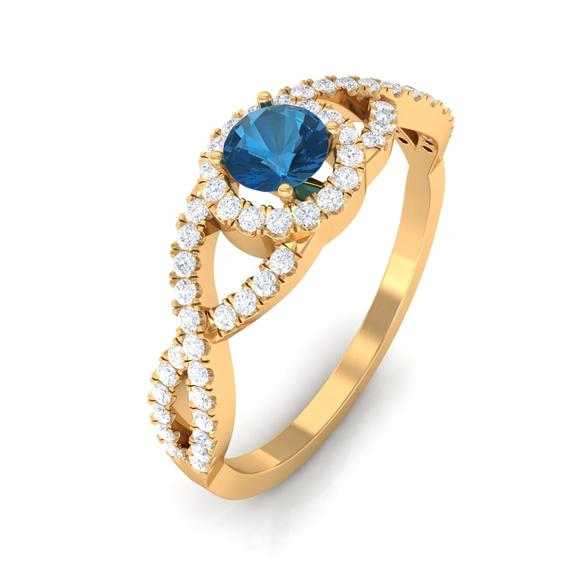 Criss Cross Shank London Blue Topaz and Diamond Halo Engagement Ring