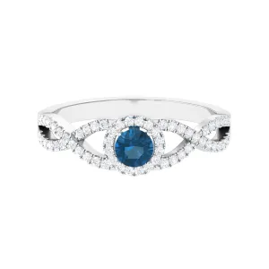 Criss Cross Shank London Blue Topaz and Diamond Halo Engagement Ring