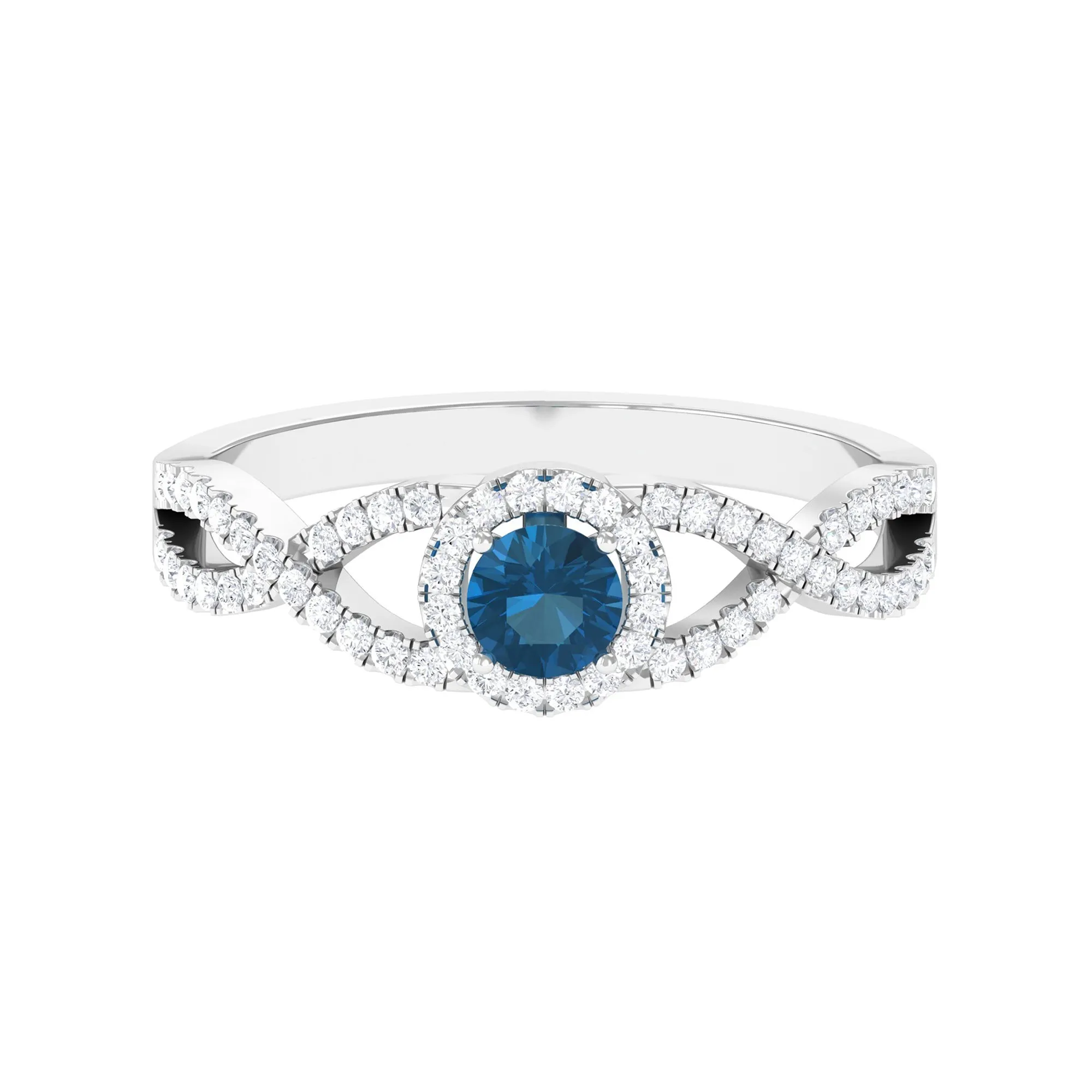 Criss Cross Shank London Blue Topaz and Diamond Halo Engagement Ring