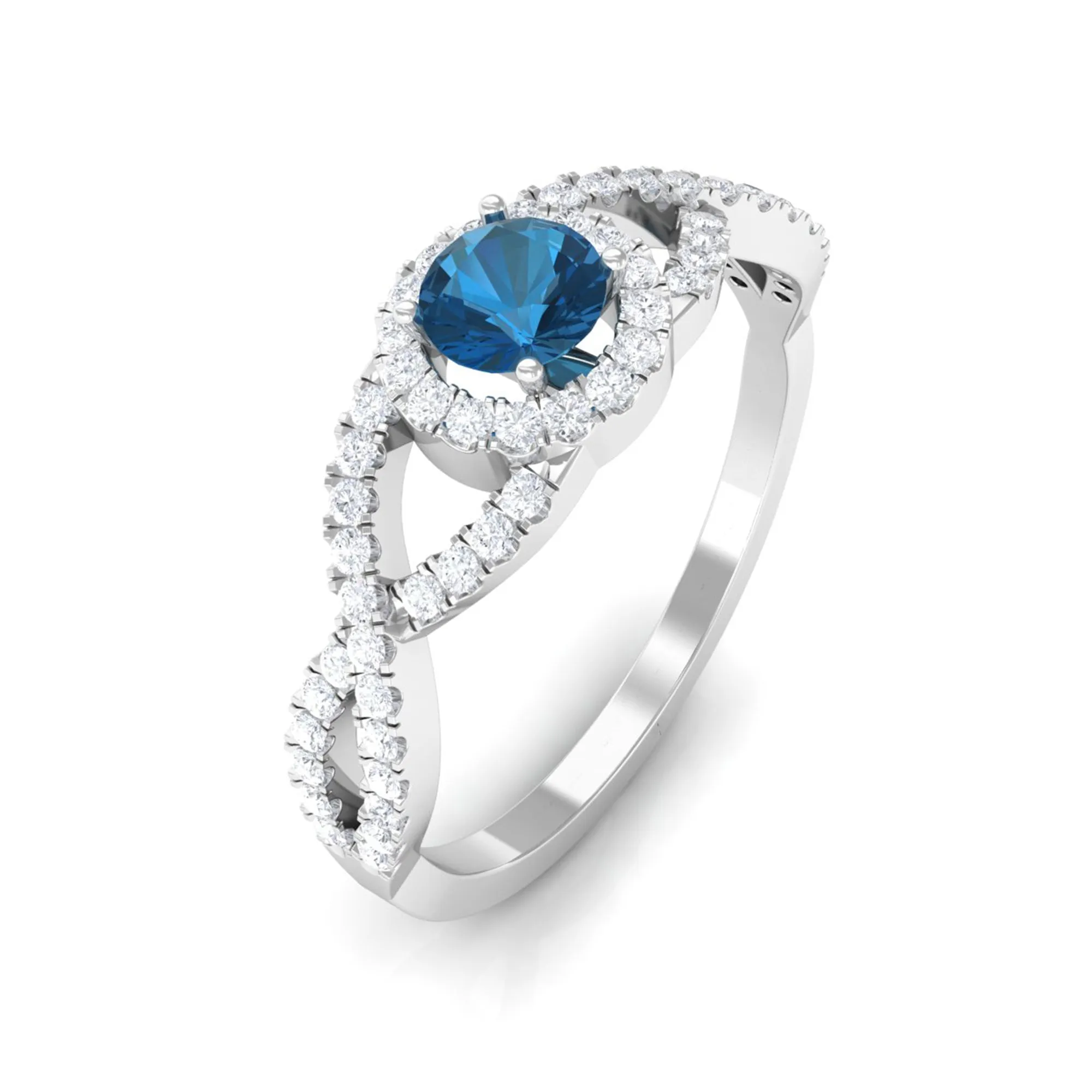 Criss Cross Shank London Blue Topaz and Diamond Halo Engagement Ring