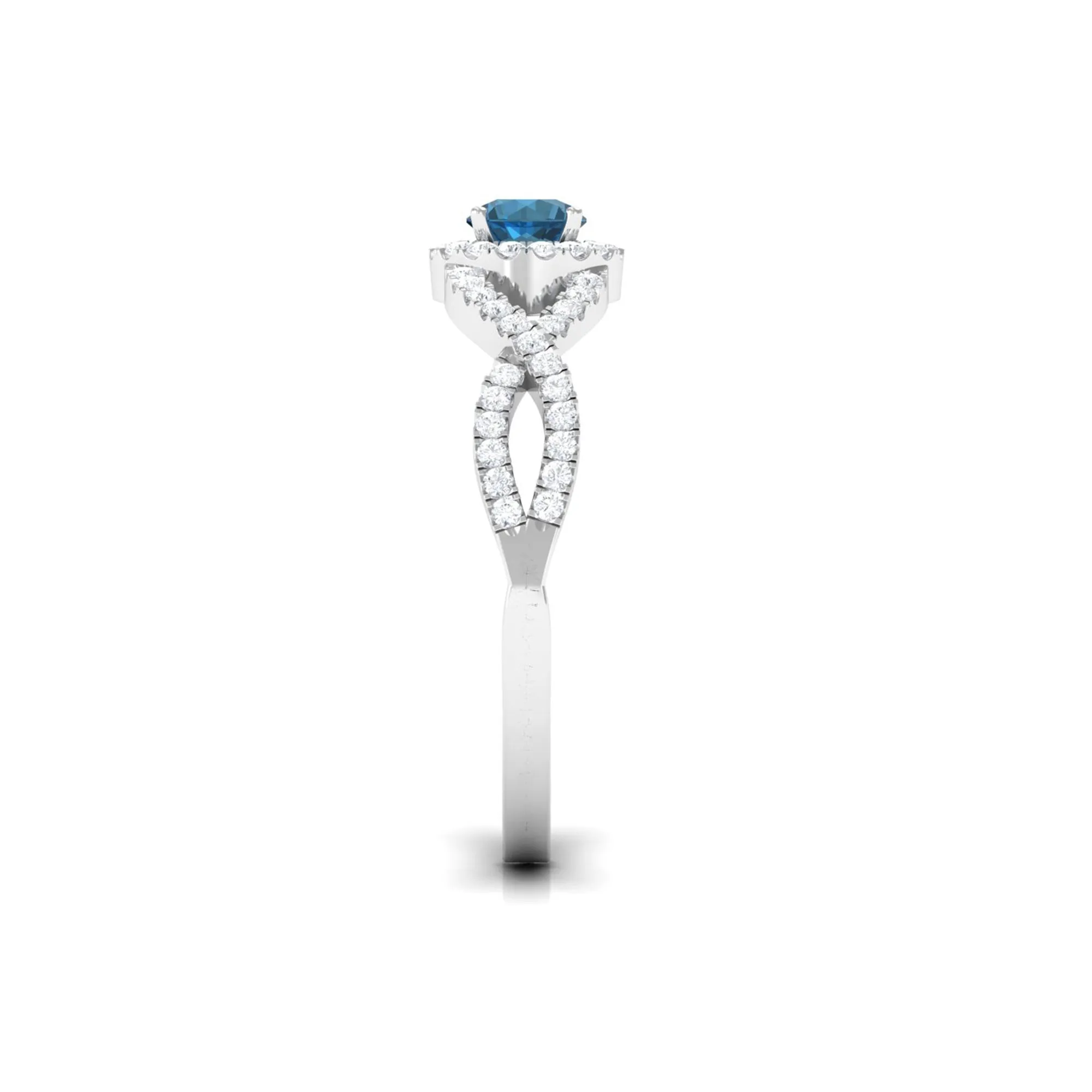 Criss Cross Shank London Blue Topaz and Diamond Halo Engagement Ring