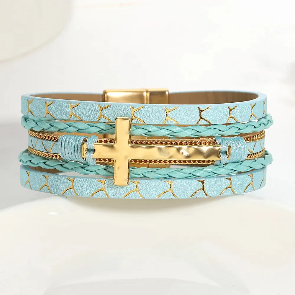 'Cross' Charm Cuff Bracelet - aqua