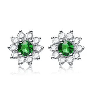 C.Z. Sterling Silver Rhodium Plated Round Emerald Earrings