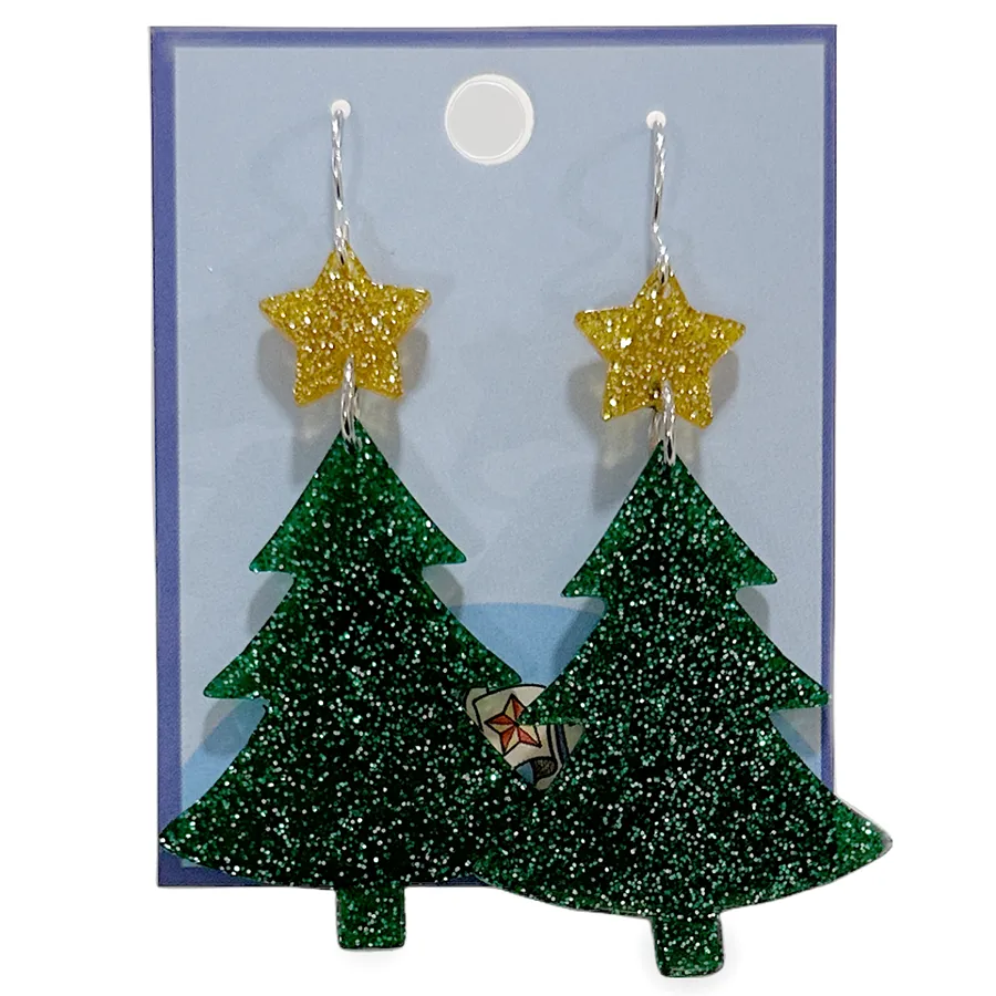 Earrings - Green Glitter Tree