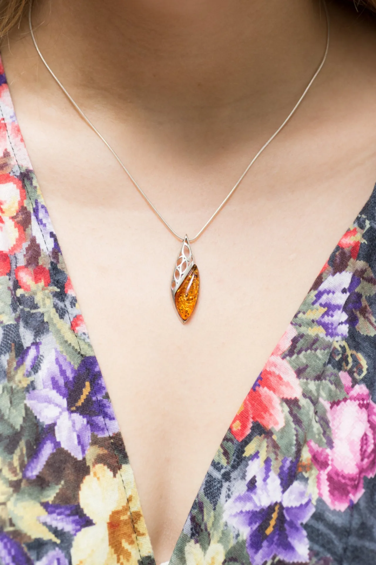 Elegant Contemporary Amber Drop Pendant | Baltic Amber & Sterling Silver Jewelry for Timeless Style