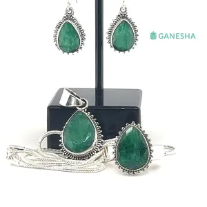 Faceted Emerald Tear Drop (925) Sterling Silver Jewellery Gift Set With Free Chain