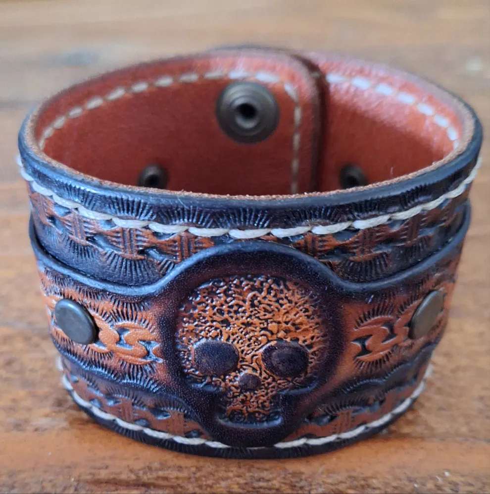 Genuine Leather Handmade Sugar Skull Cuff Bracelet