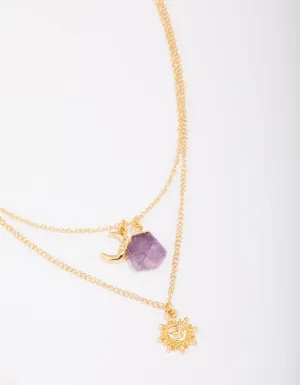 Gold Plated Amethyst Peace Layered Necklace