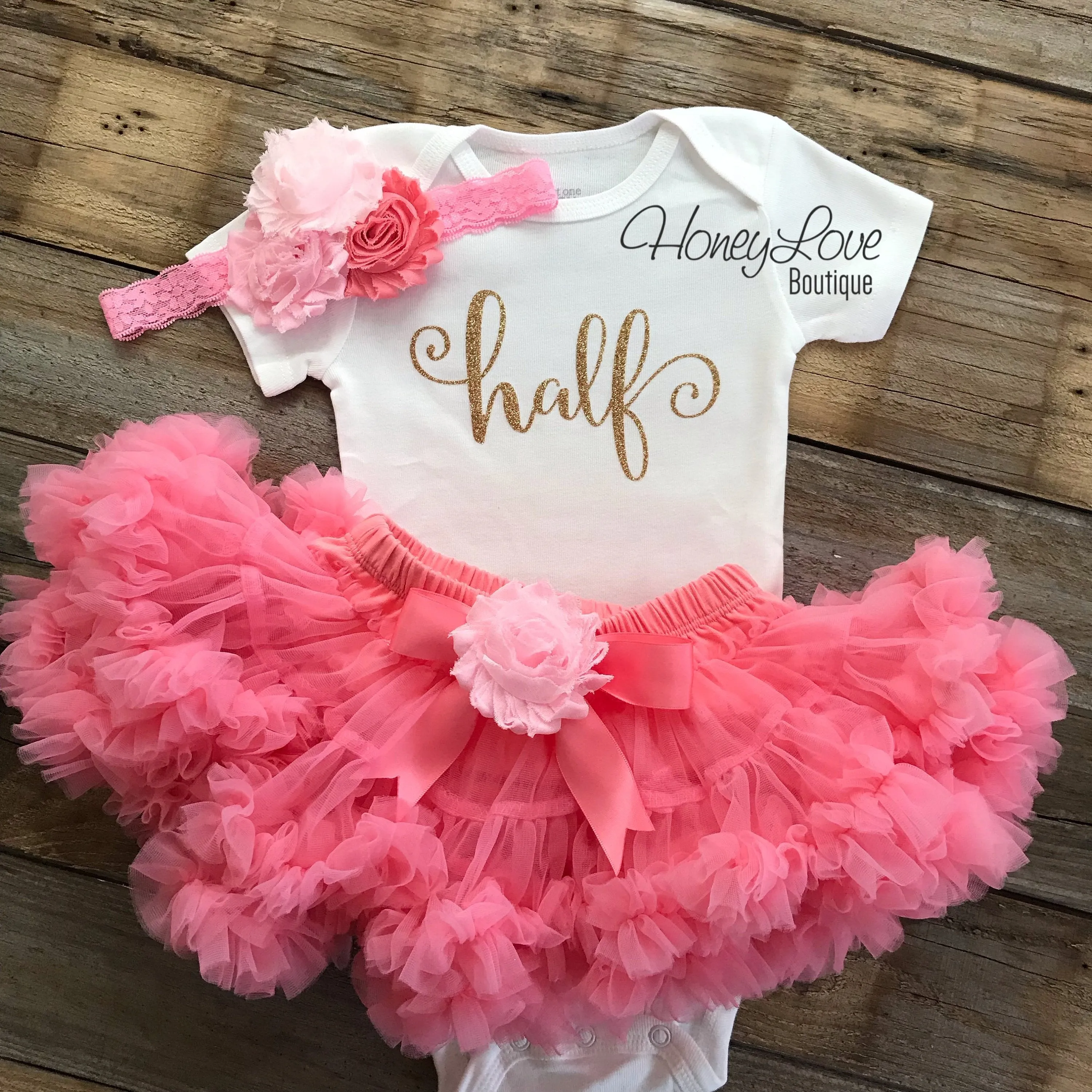 Half Birthday Outfit - Coral Pink and Gold Glitter - embellished pettiskirt