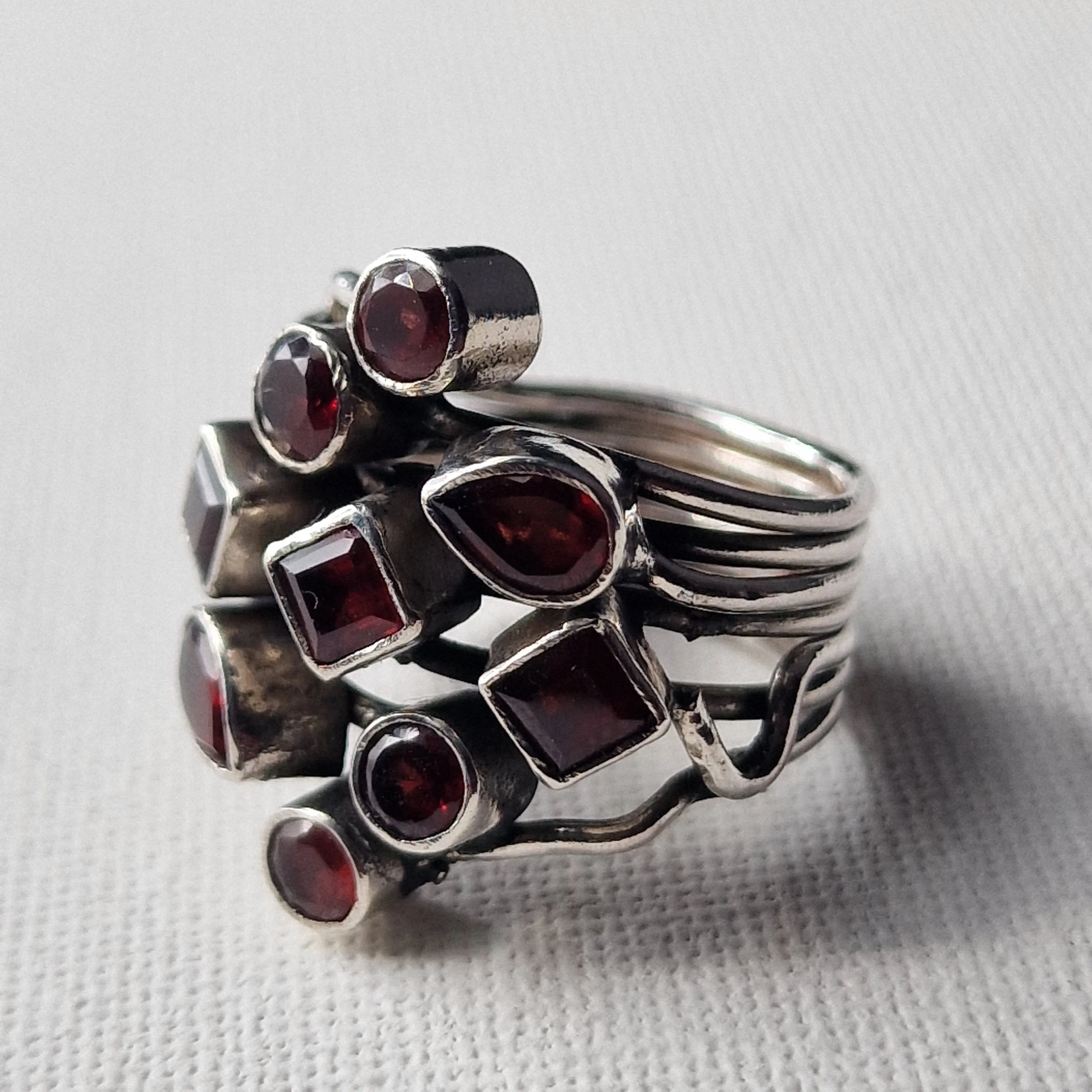 Handcrafted Artisan Himalayan Red Garnet Cluster Silver Sterling Ring