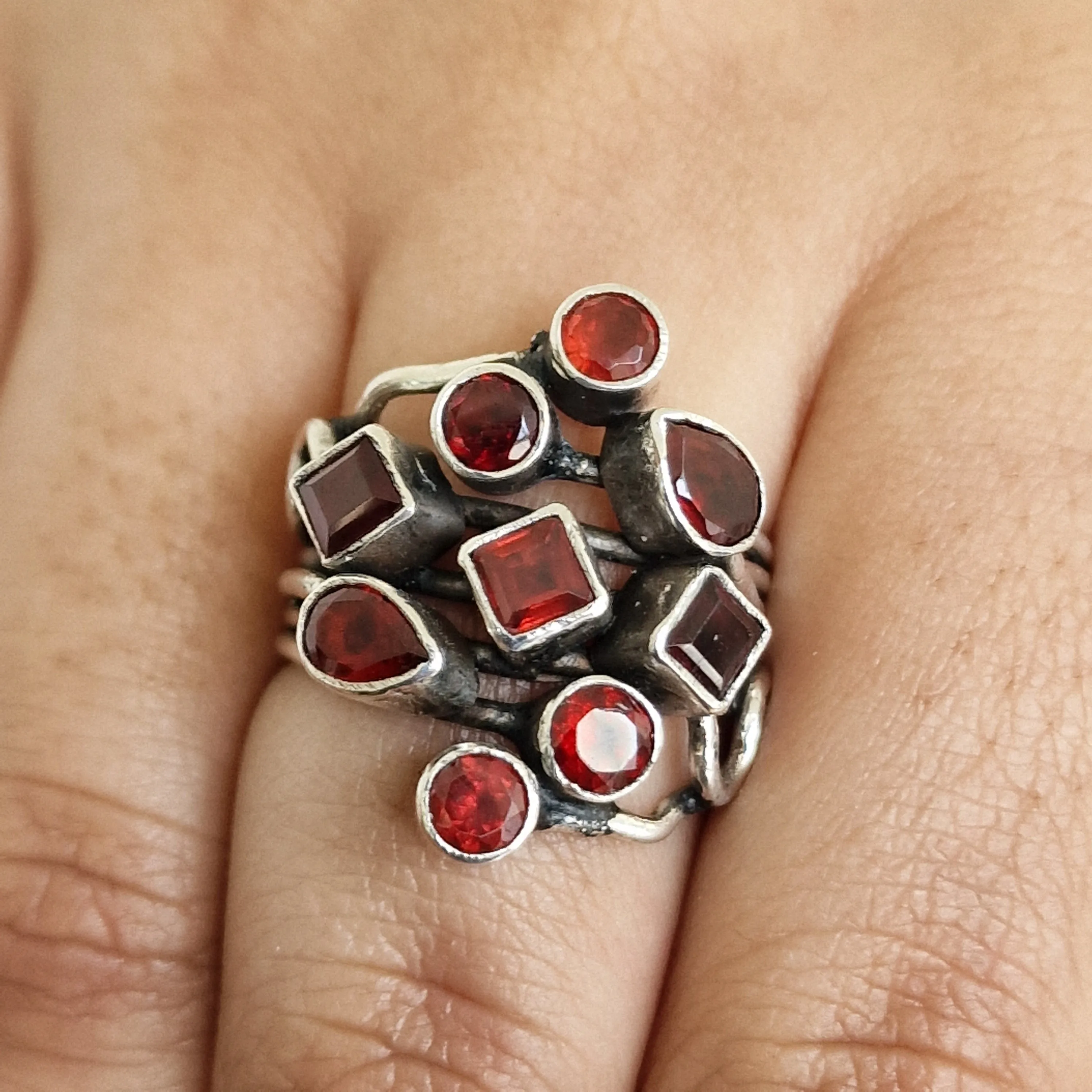 Handcrafted Artisan Himalayan Red Garnet Cluster Silver Sterling Ring