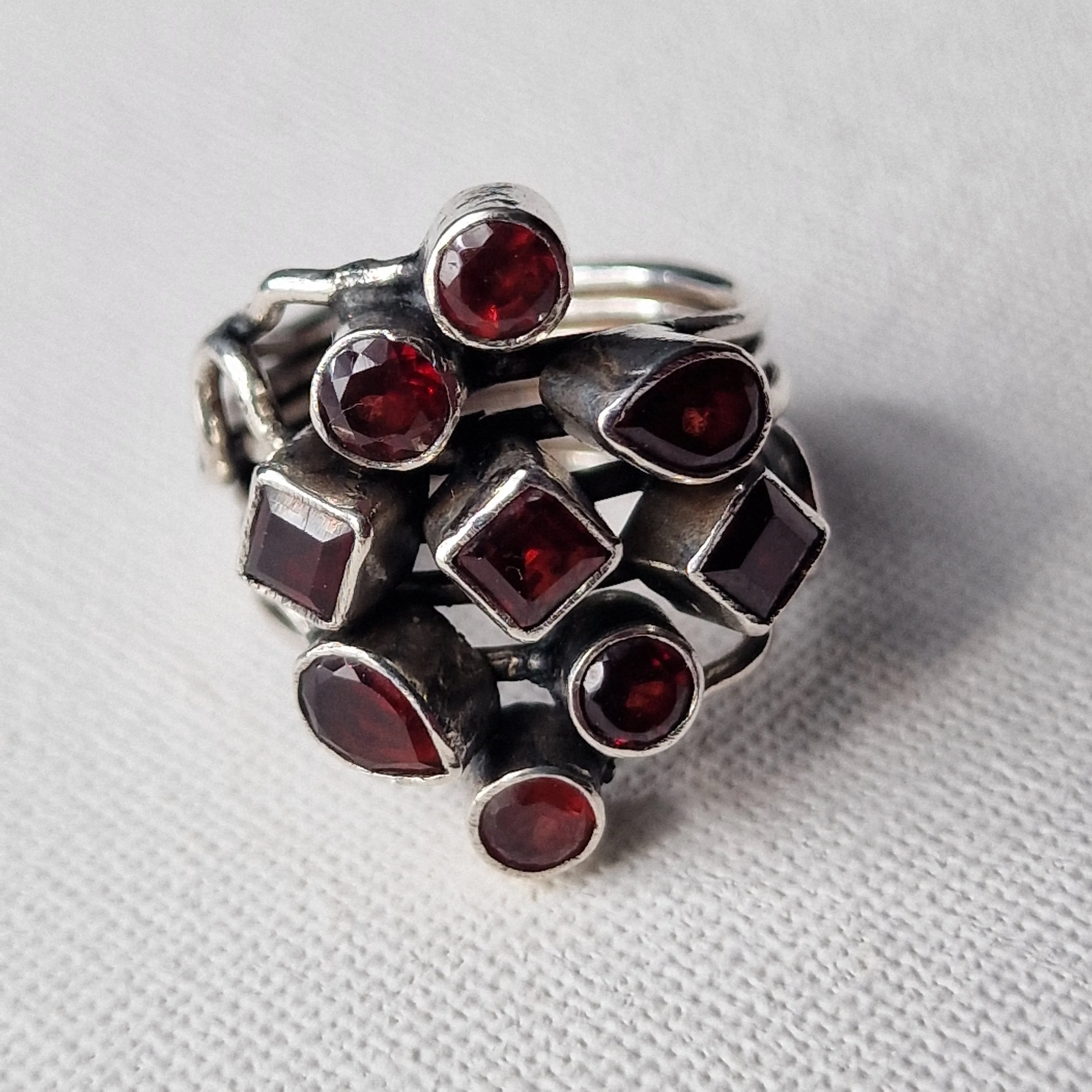 Handcrafted Artisan Himalayan Red Garnet Cluster Silver Sterling Ring