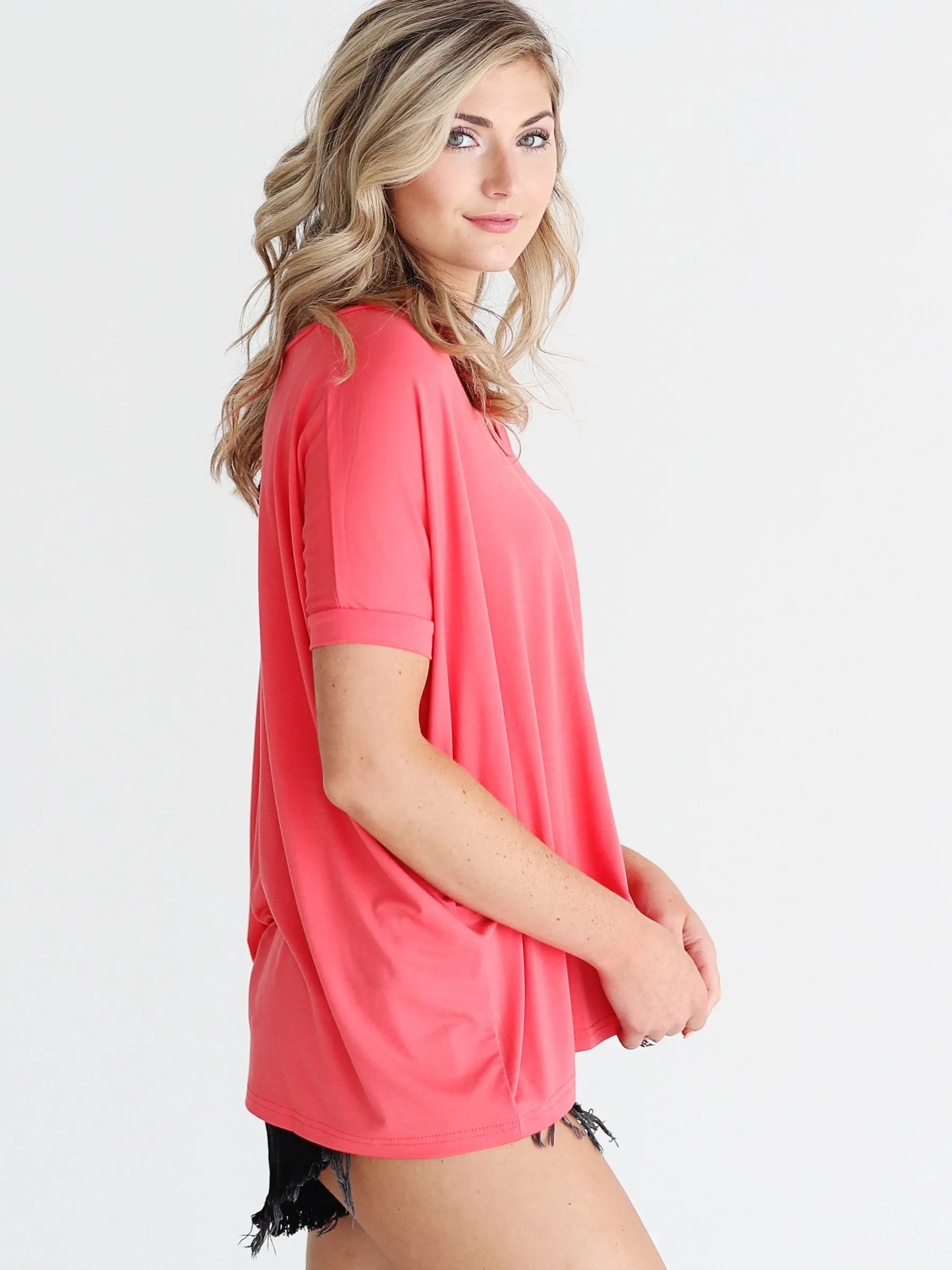 Hot Coral V-Neck Short Sleeve Top