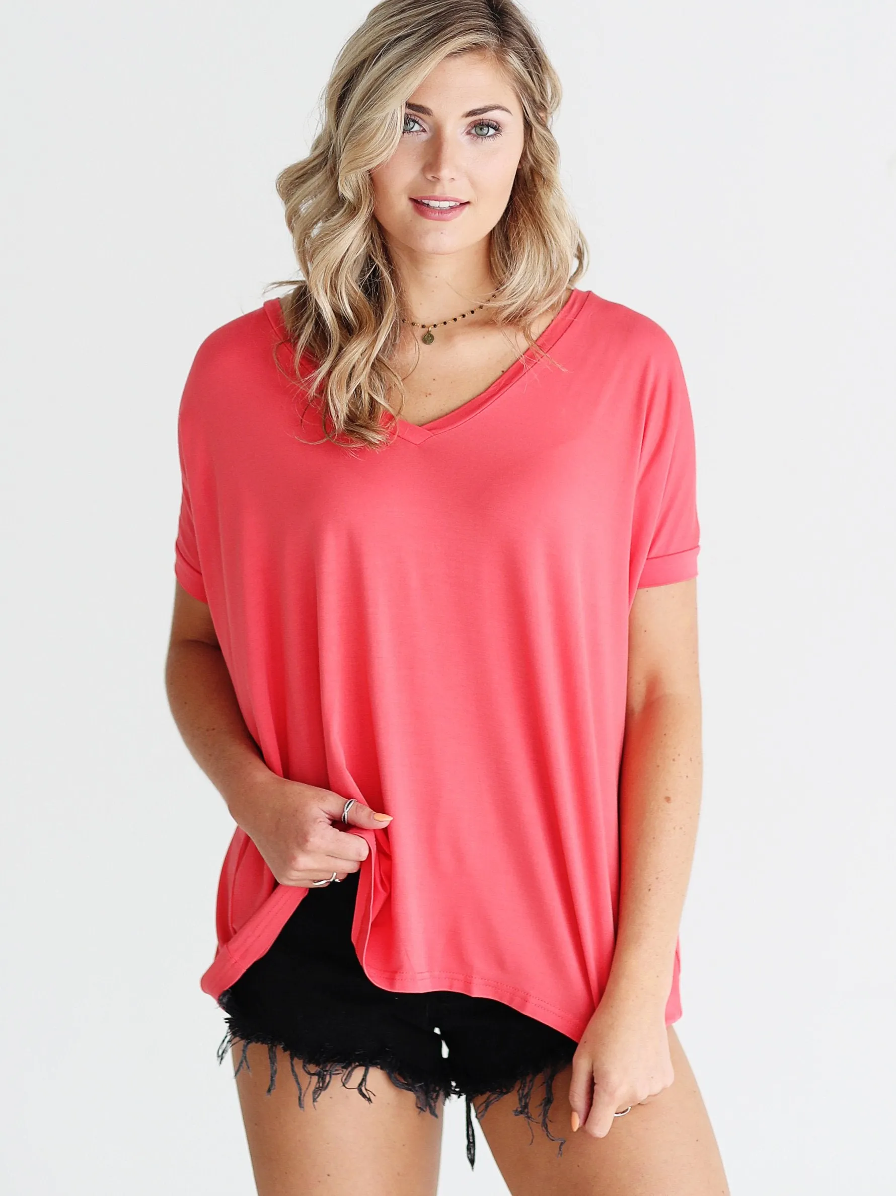 Hot Coral V-Neck Short Sleeve Top