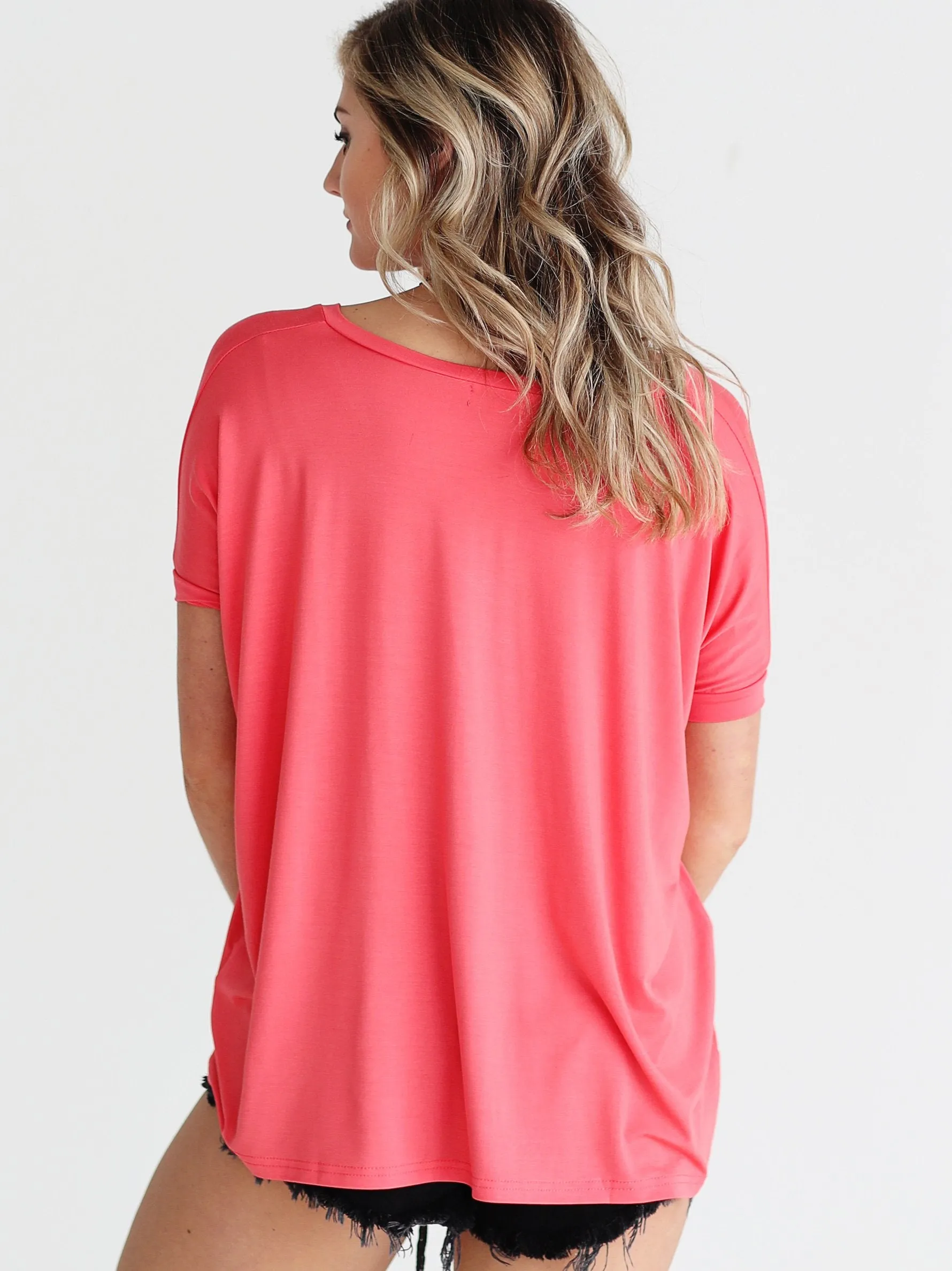 Hot Coral V-Neck Short Sleeve Top