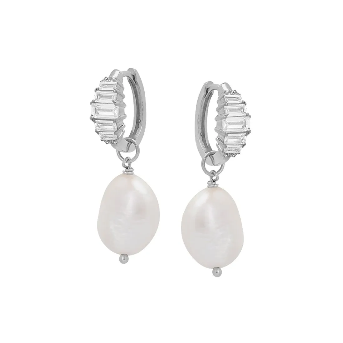 Isla Graduated Baguette Hoops Baroque Pearl and Silver