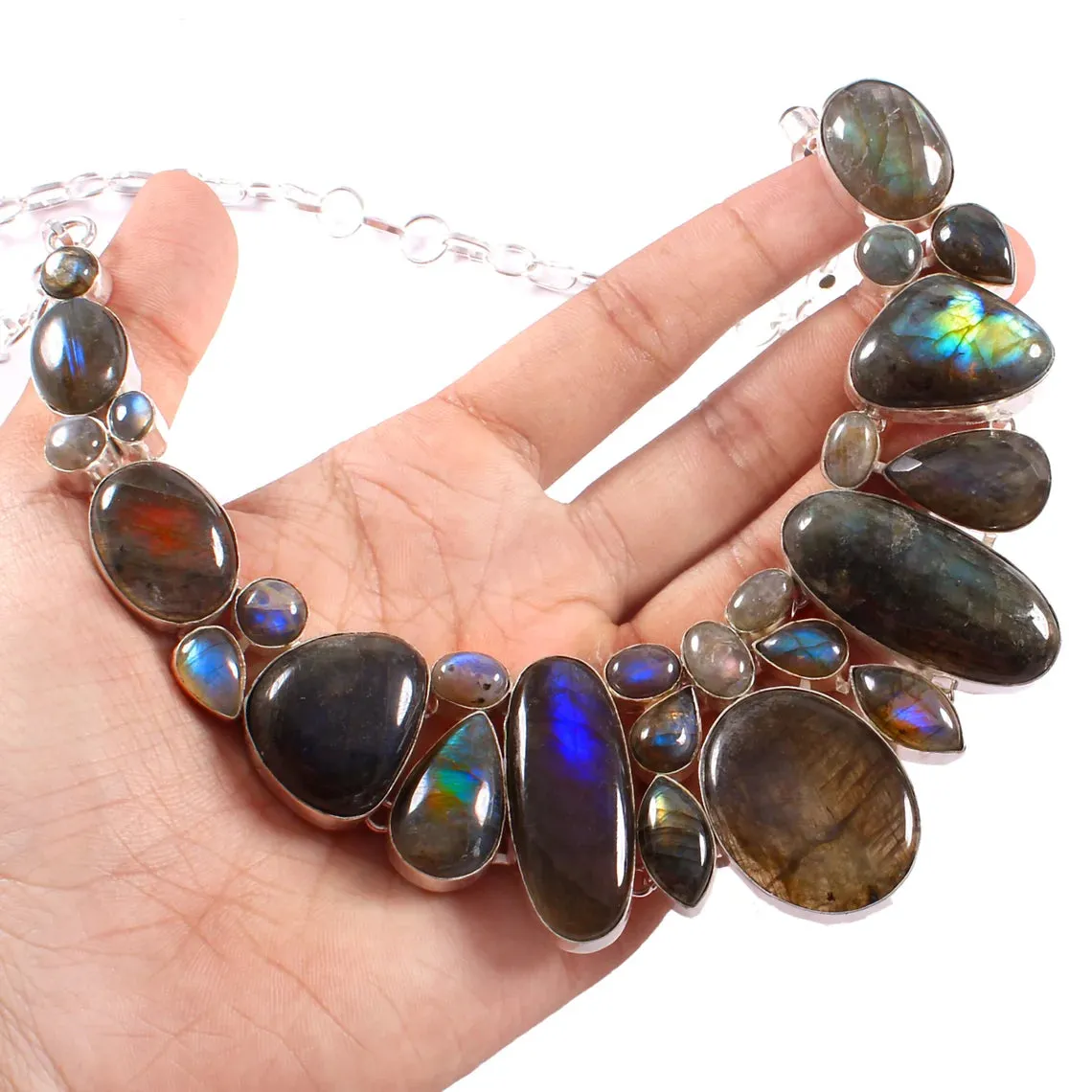 Labradorite Bib Necklace For Women - 925 Solid Sterling Silver Necklace