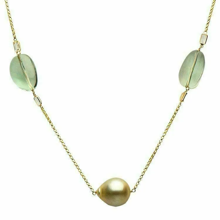 LARGE GREEN AMETHYST TOPAZ & PEARL 14KT YELLOW GOLD BY THE YARD TIN CUP NECKLACE