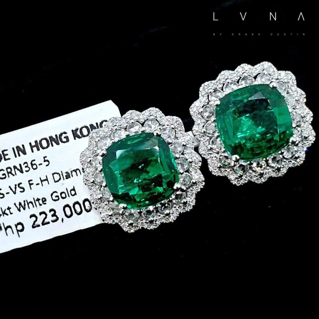 #LVNA2024 | Diamantes Green Emerald Halo Cushion Gemstones Diamond Earrings 14kt