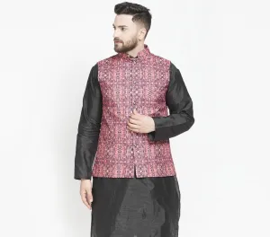 Men's Black & Coral Printed Nehru Jacket - Benstoke