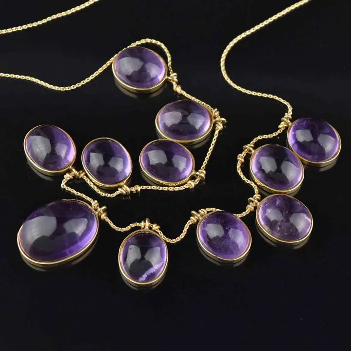 Natural Oval Cut  Amethyst Cabochon Vintage Fringe Necklace - 14k Gold Vermeil