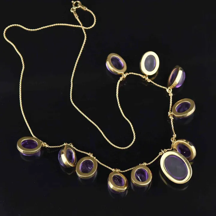 Natural Oval Cut  Amethyst Cabochon Vintage Fringe Necklace - 14k Gold Vermeil