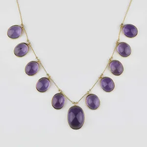 Natural Oval Cut  Amethyst Cabochon Vintage Fringe Necklace - 14k Gold Vermeil