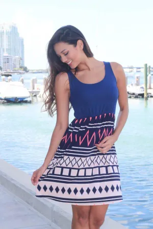 Navy and Neon Coral Chevron Short Dress