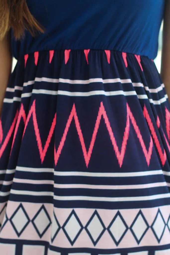 Navy and Neon Coral Chevron Short Dress