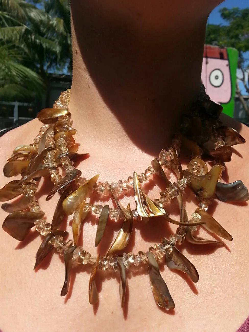 Necklace Triple Strand Citrine Quartz And Shell