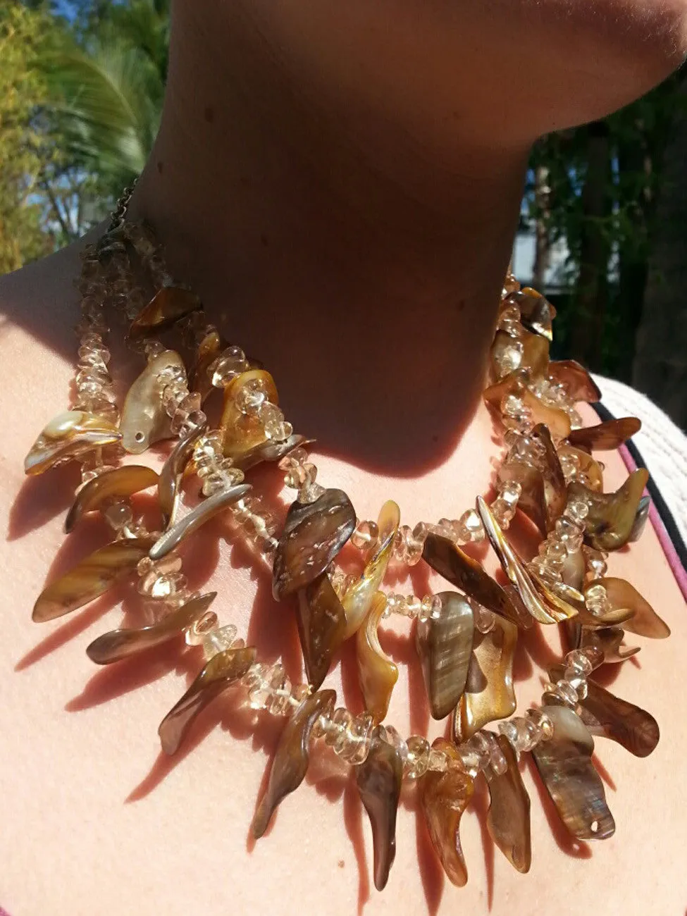 Necklace Triple Strand Citrine Quartz And Shell