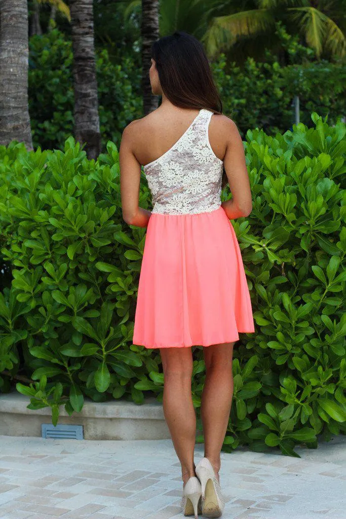 Neon Coral And Ivory One Shoulder Dress