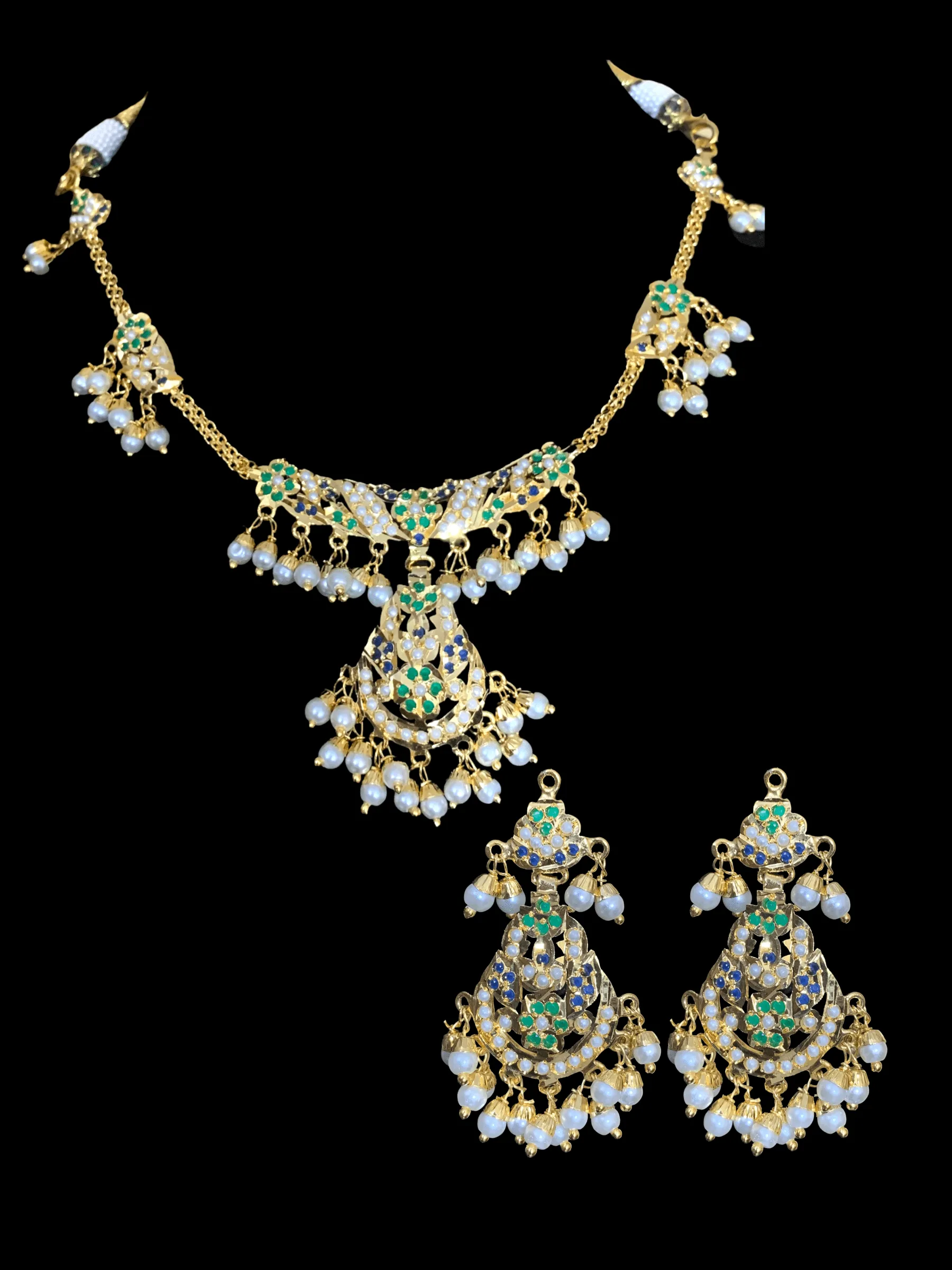 NS324 jadau necklace in emerald sapphire with fresh water pearls ( SHIPS IN 4 WEEKS )