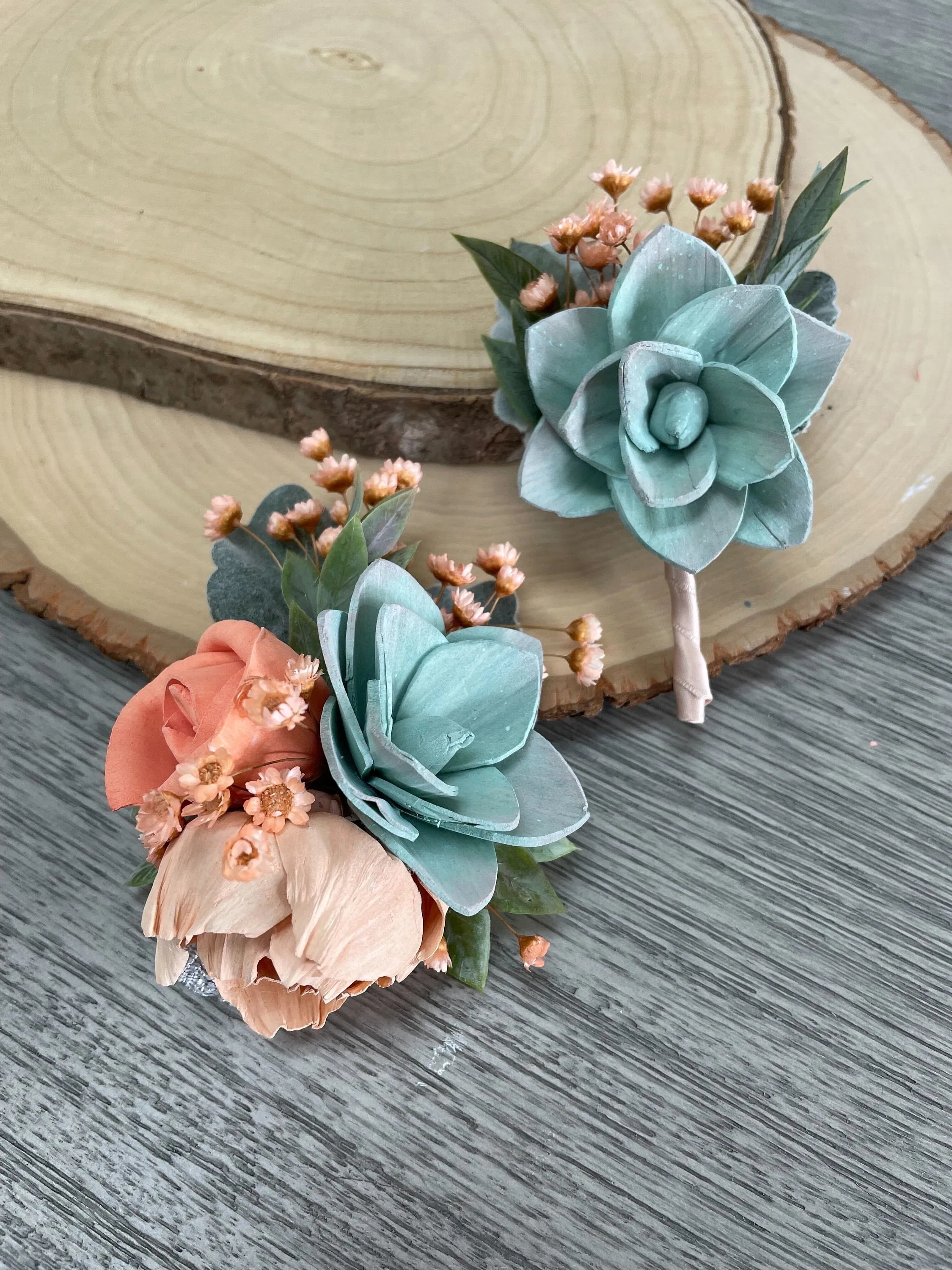 Peach Coral and Seafoam Boutonniere and Corsage Set