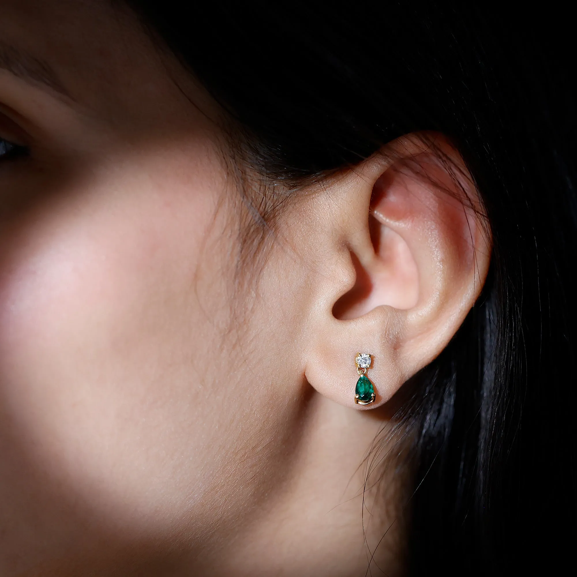 Pear Cut Lab Created Emerald and Moissanite Simple Teardrop Earrings