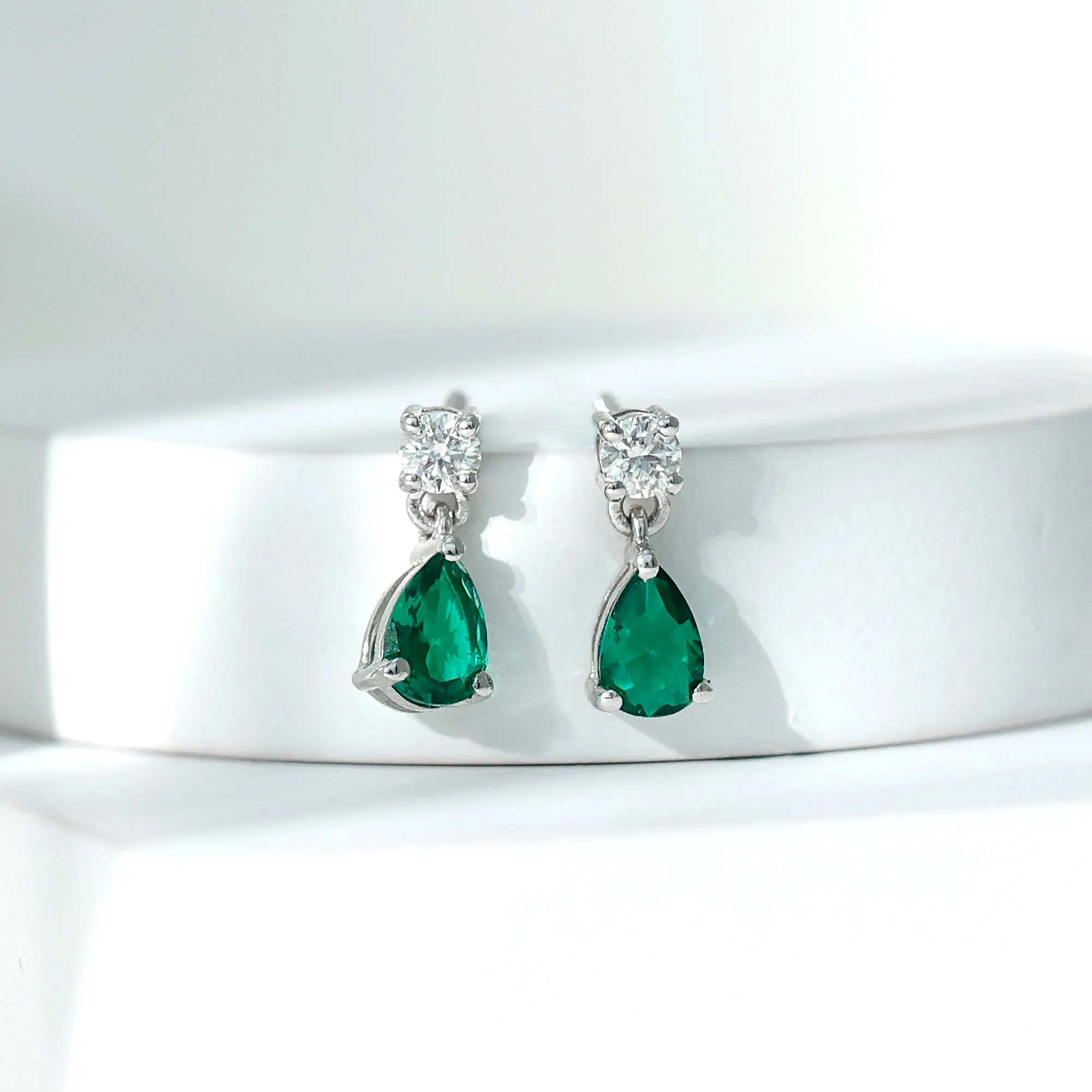 Pear Cut Lab Created Emerald and Moissanite Simple Teardrop Earrings