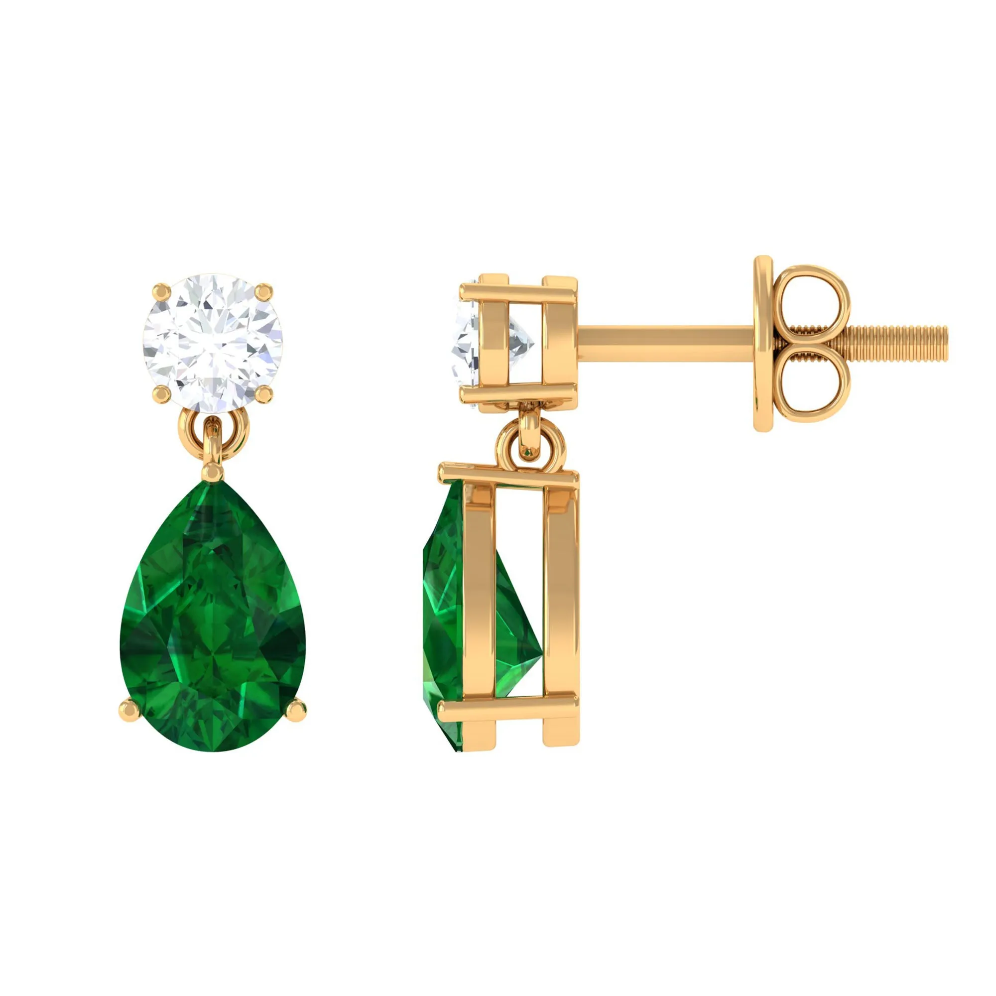 Pear Cut Lab Created Emerald and Moissanite Simple Teardrop Earrings