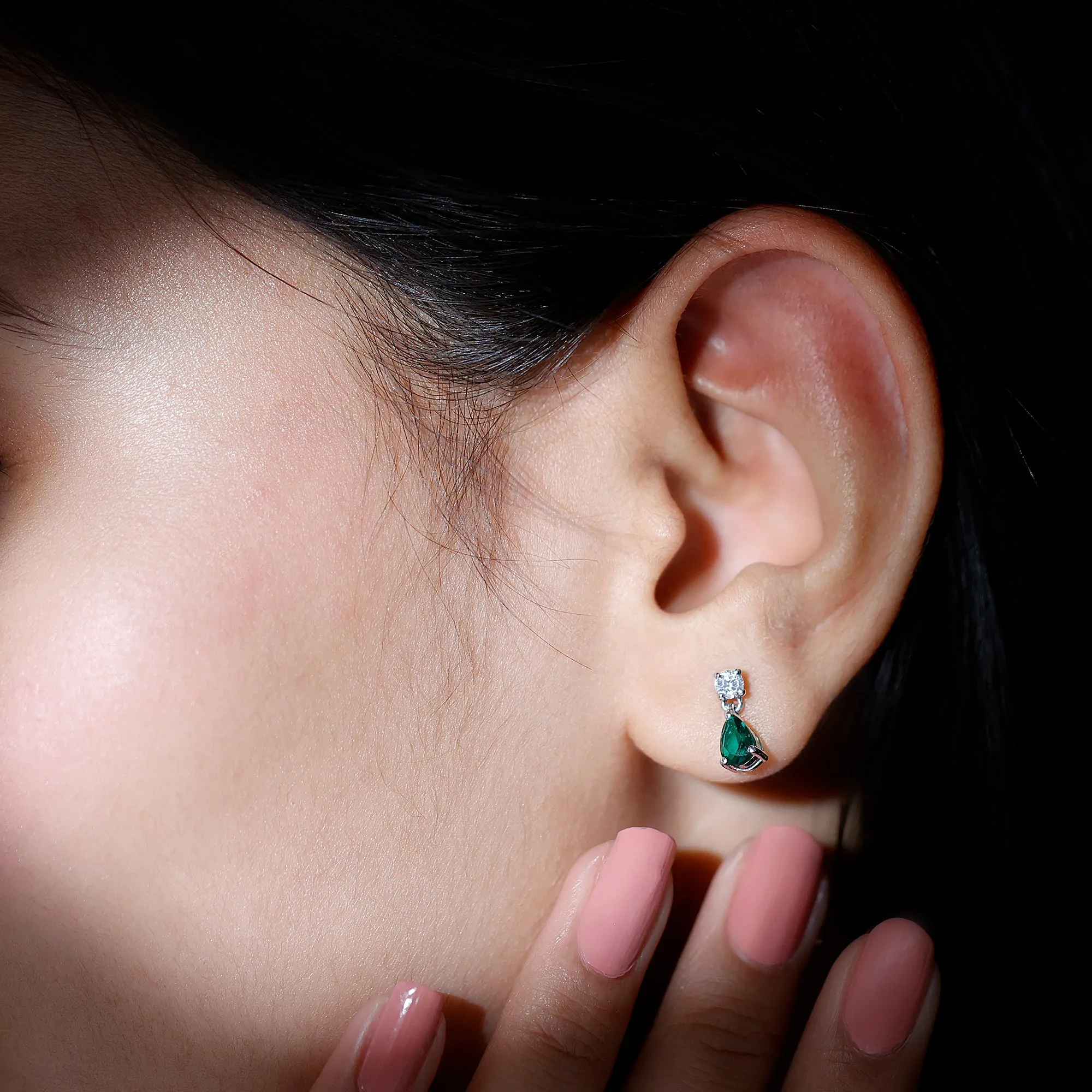 Pear Cut Lab Created Emerald and Moissanite Simple Teardrop Earrings