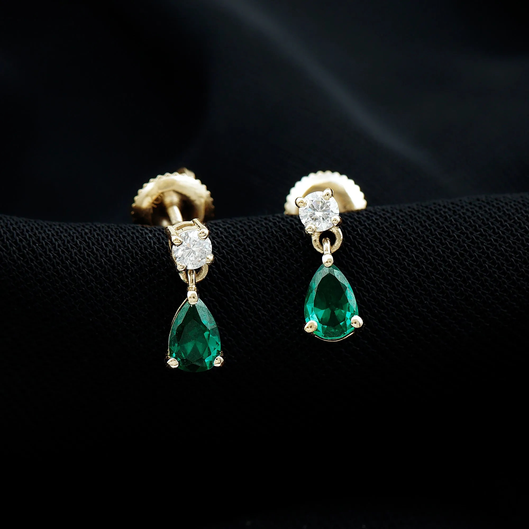 Pear Cut Lab Created Emerald and Moissanite Simple Teardrop Earrings