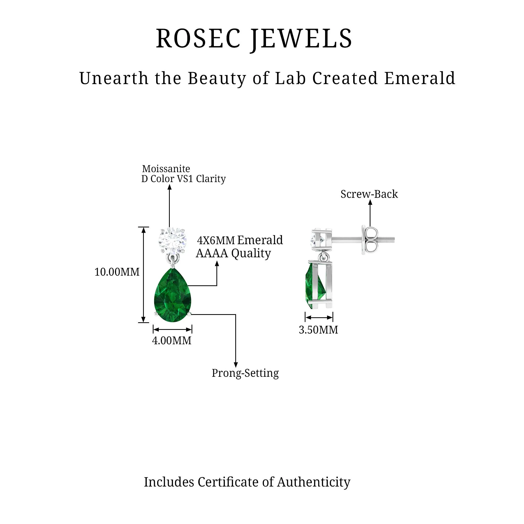 Pear Cut Lab Created Emerald and Moissanite Simple Teardrop Earrings