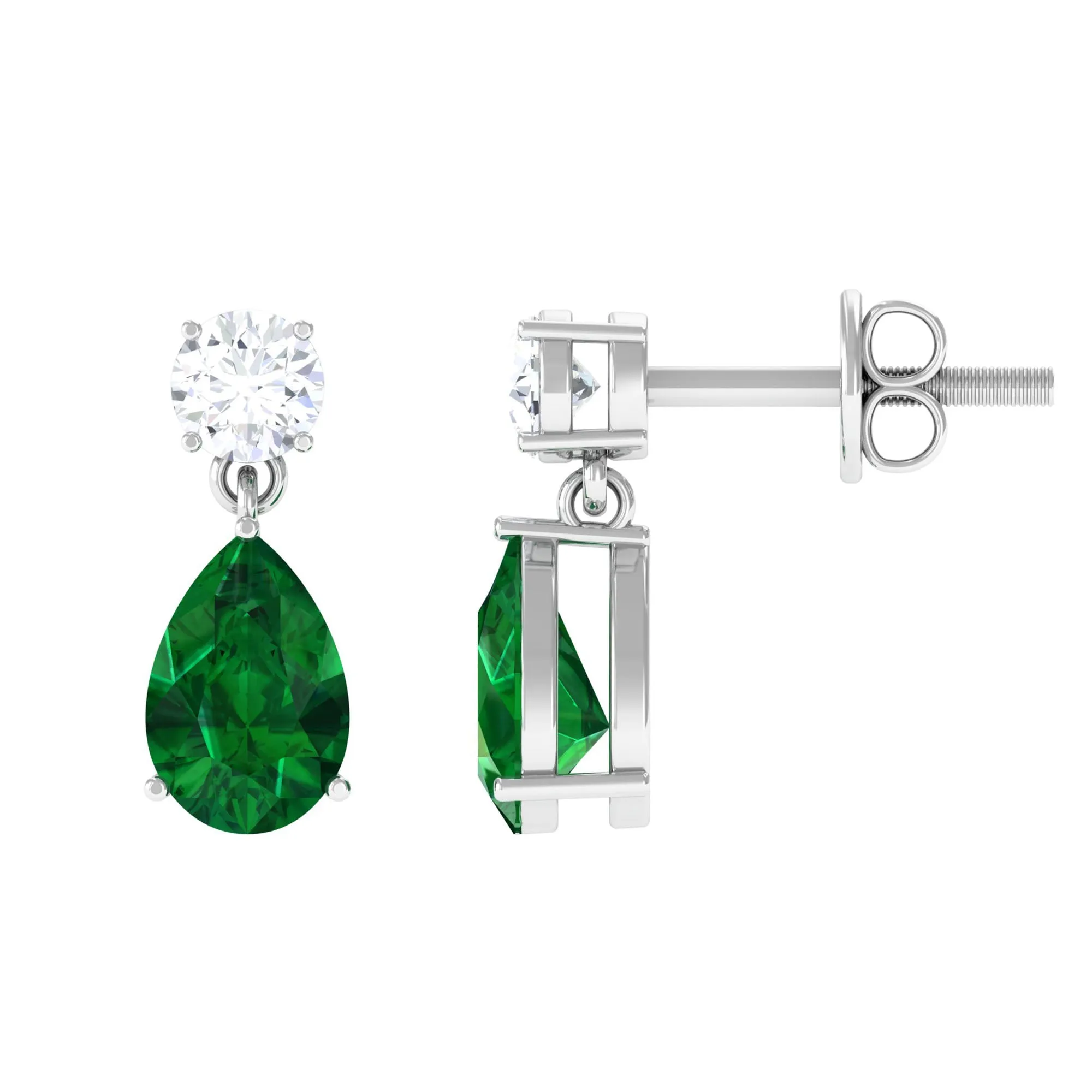 Pear Cut Lab Created Emerald and Moissanite Simple Teardrop Earrings