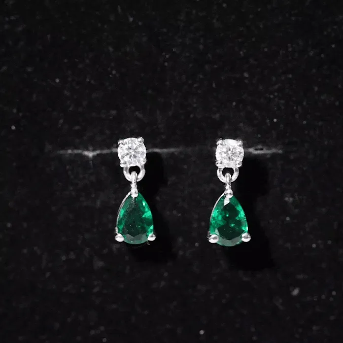 Pear Cut Lab Created Emerald and Moissanite Simple Teardrop Earrings