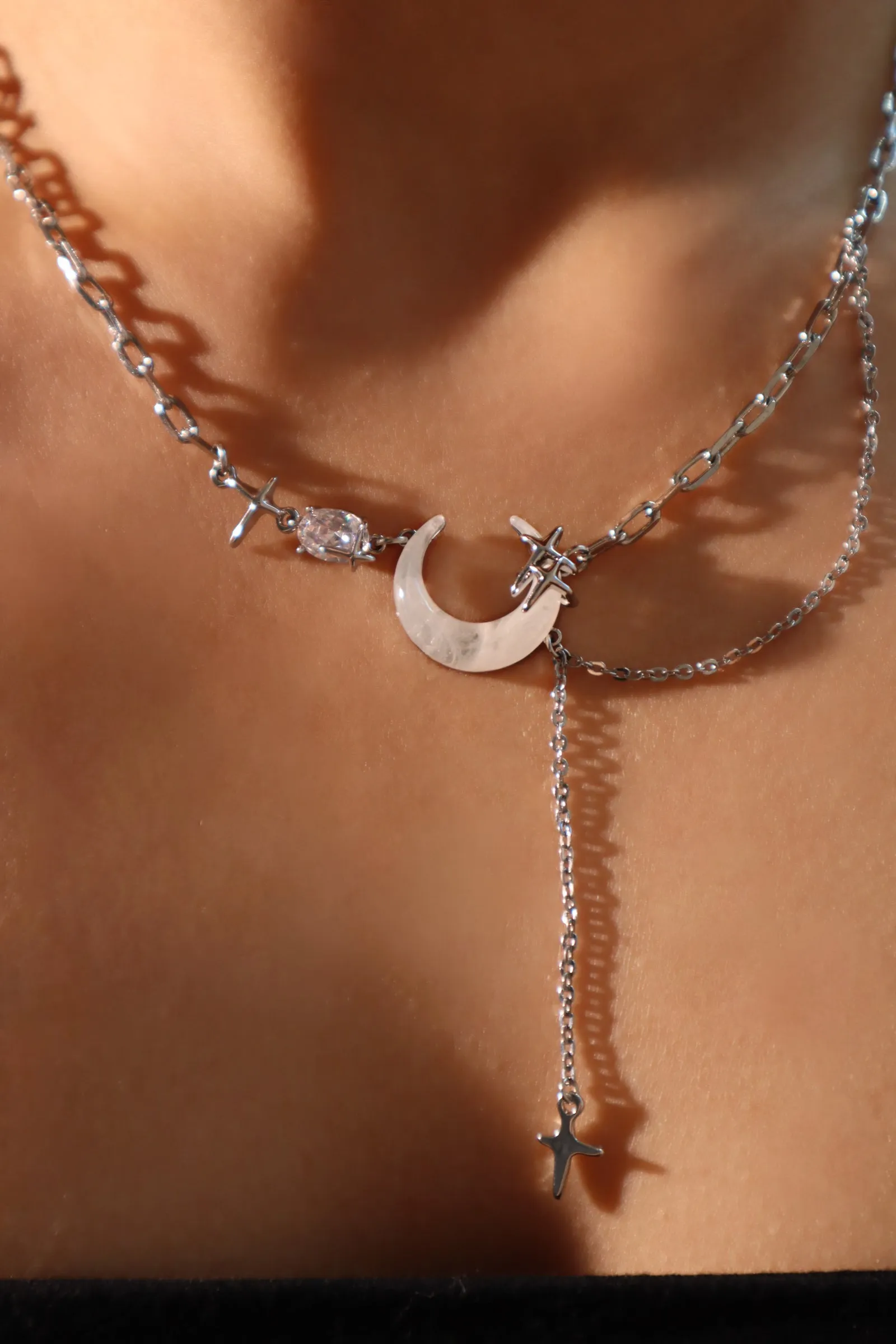 Platinum Plated Moon Star Chain Necklace