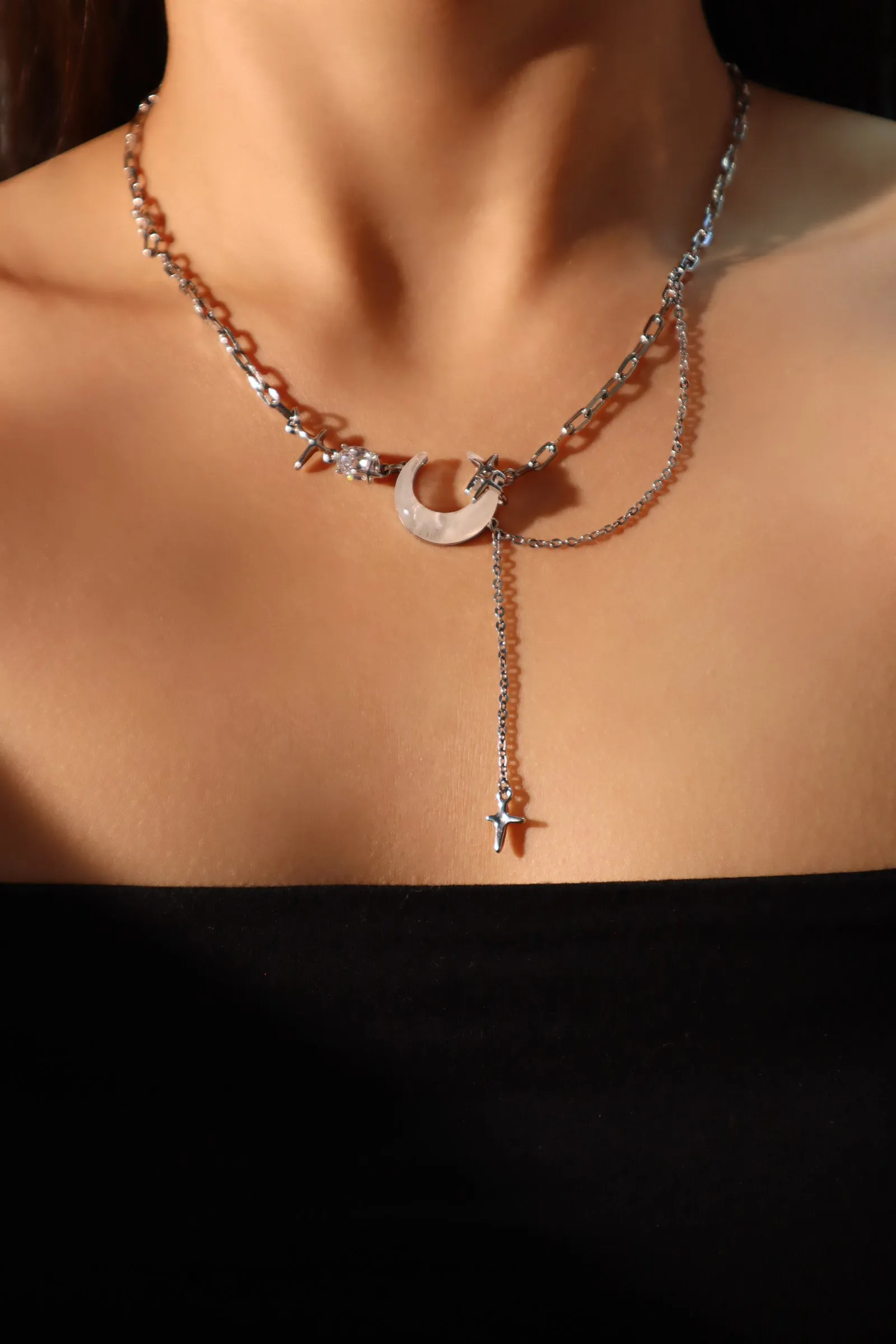 Platinum Plated Moon Star Chain Necklace