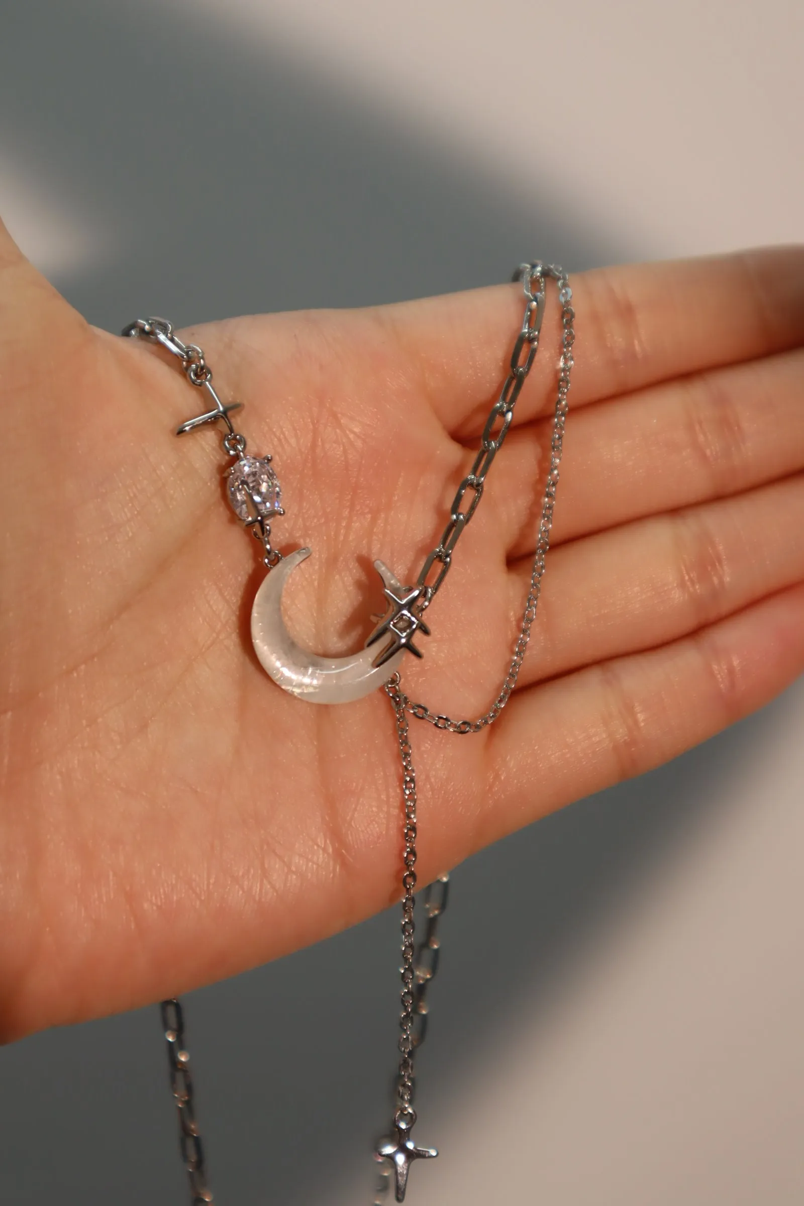 Platinum Plated Moon Star Chain Necklace