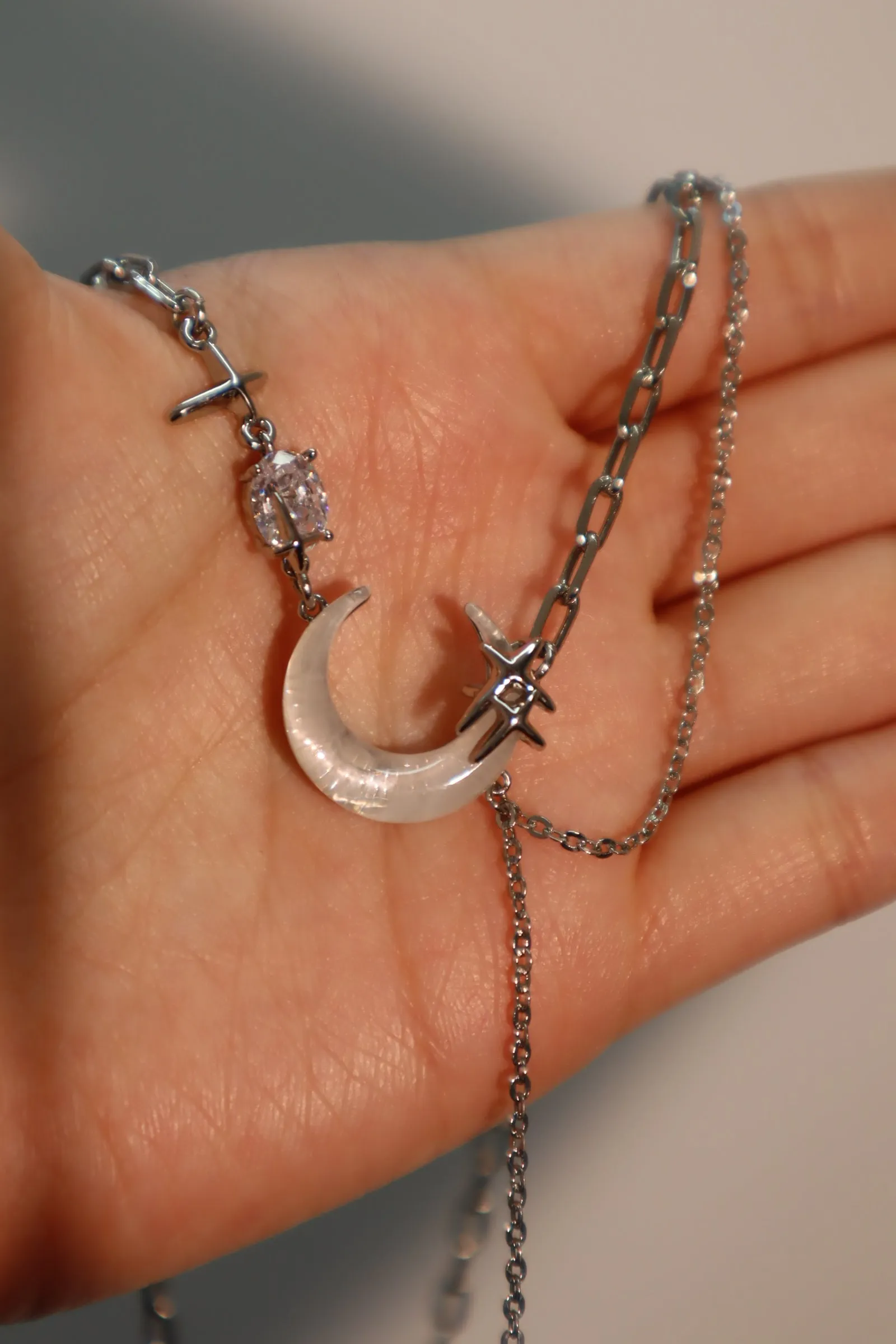 Platinum Plated Moon Star Chain Necklace