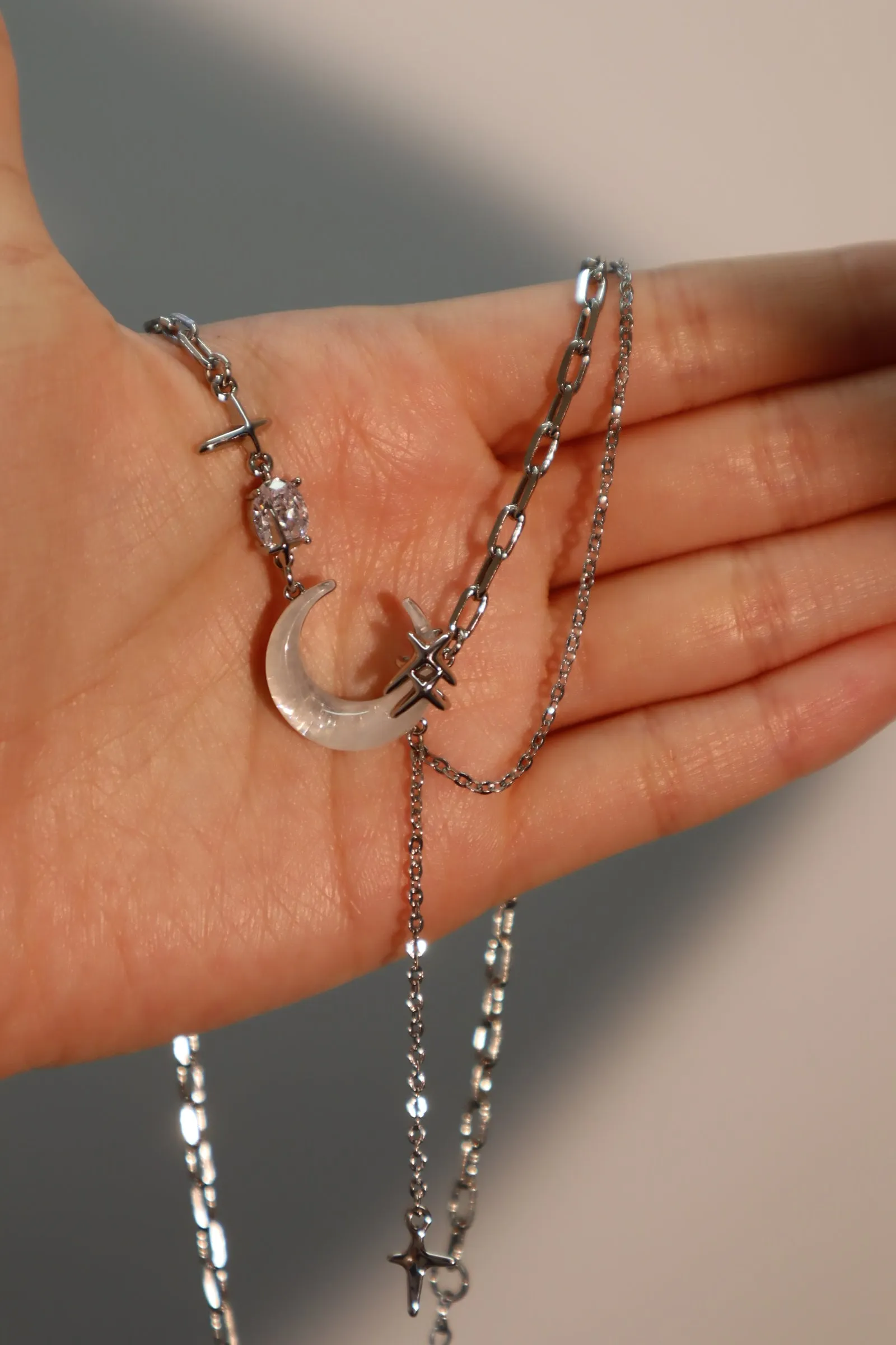 Platinum Plated Moon Star Chain Necklace